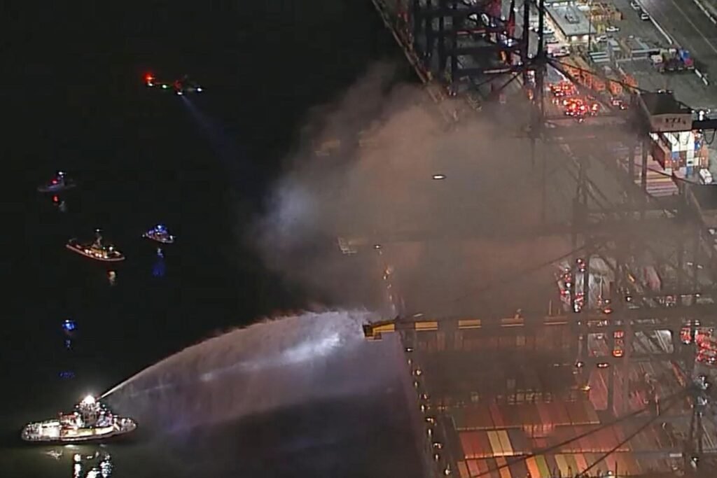 Cargo ship catches fire in Los Angeles with hazardous materials on board