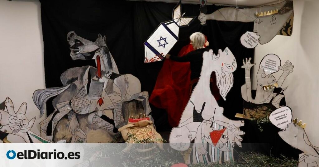 Profesores de Marea Palestina montan un belén imitando al Guernica en memoria de las víctimas de Gaza