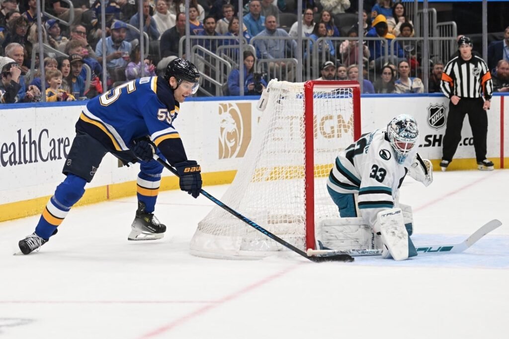 Blues sink Sharks in OT, move closer to West wild-card spot