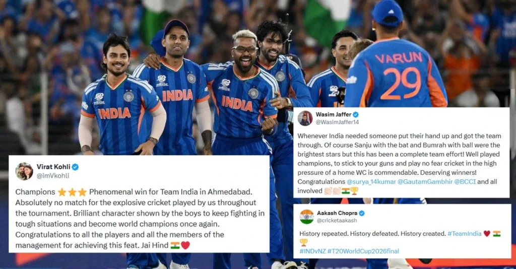 Fans erupt in celebration as India defends T20 World Cup 2026 crown against New Zealand in Ahmedabad Fans erupt in celebration as India defends T20 World Cup 2026 crown against New Zealand in Ahmedabad