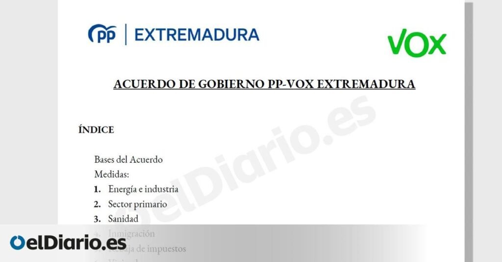 Del rechazo a la acogida de menores migrantes a la "prohibición del burka en espacios públicos": consulta el pacto de PP y Vox en Extremadura