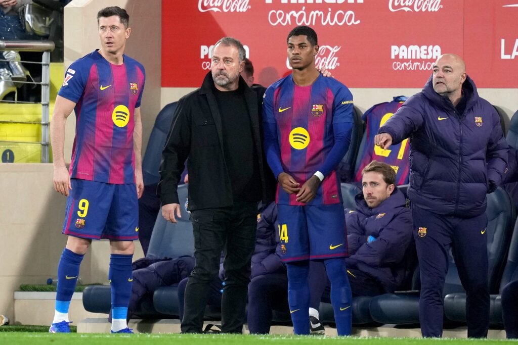 Barcelona manager Hansi Flick reacts to Lewandowski exit