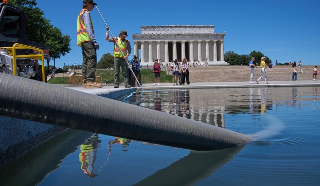 Blue coating is peeling off bottom of newly renovated Reflecting Pool Blue coating is peeling off bottom of newly renovated Reflecting Pool