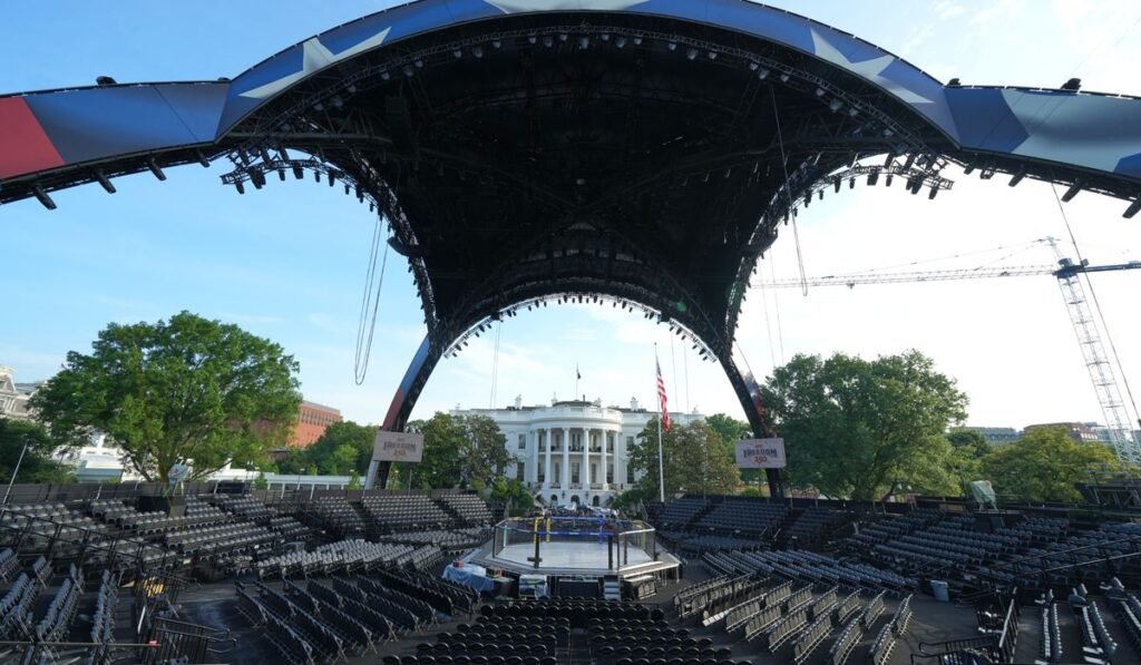Lights! Camera! Cage match! The White House lawn’s Octagon is ready for Trump’s 80th birthday bash