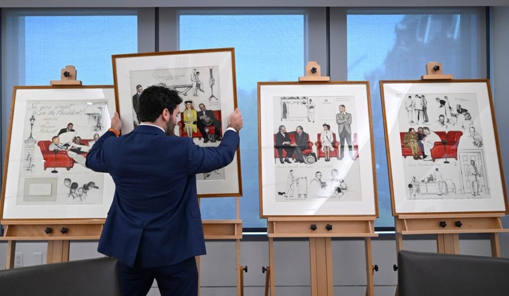 Norman Rockwell people-watched in the West Wing lobby. Now those sketches are on public display
