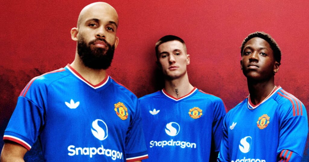 Full details of new blue away shirt and strip, confirmed cost and how to buy as Bryan Mbeumo, Kobbie Mainoo, Benjamin Sesko and Jess Park pose for photos in jersey Full details of new blue away shirt and strip, confirmed cost and how to buy as Bryan Mbeumo, Kobbie Mainoo, Benjamin Sesko and Jess Park pose for photos in jersey
