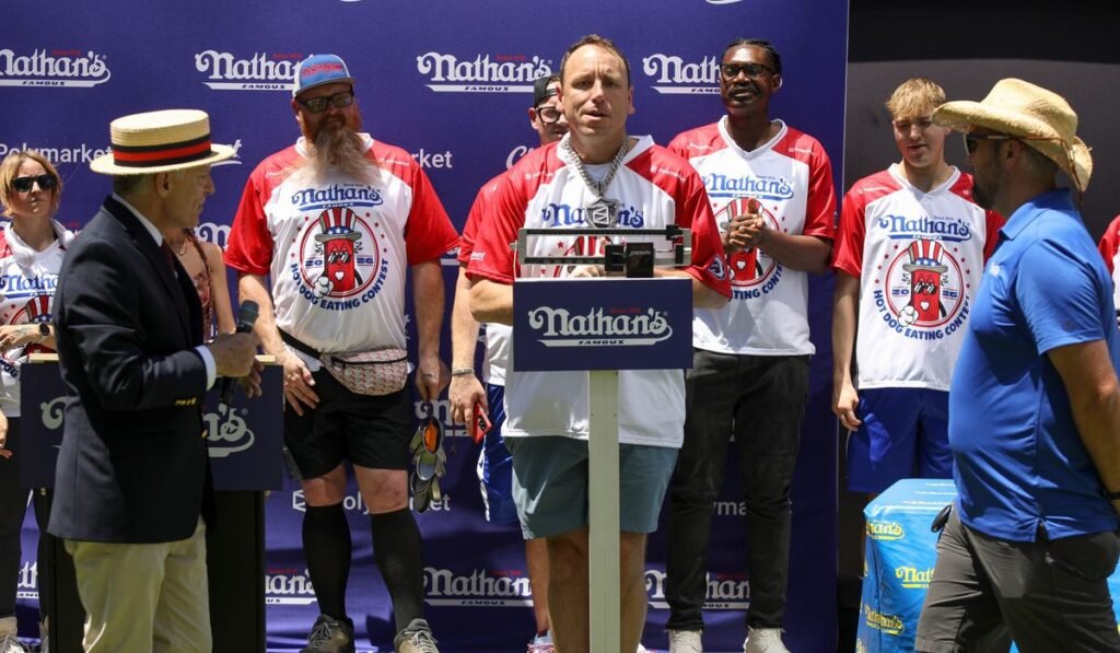 Joey Chestnut scarfs down most July Fourth hot dogs again Joey Chestnut scarfs down most July Fourth hot dogs again