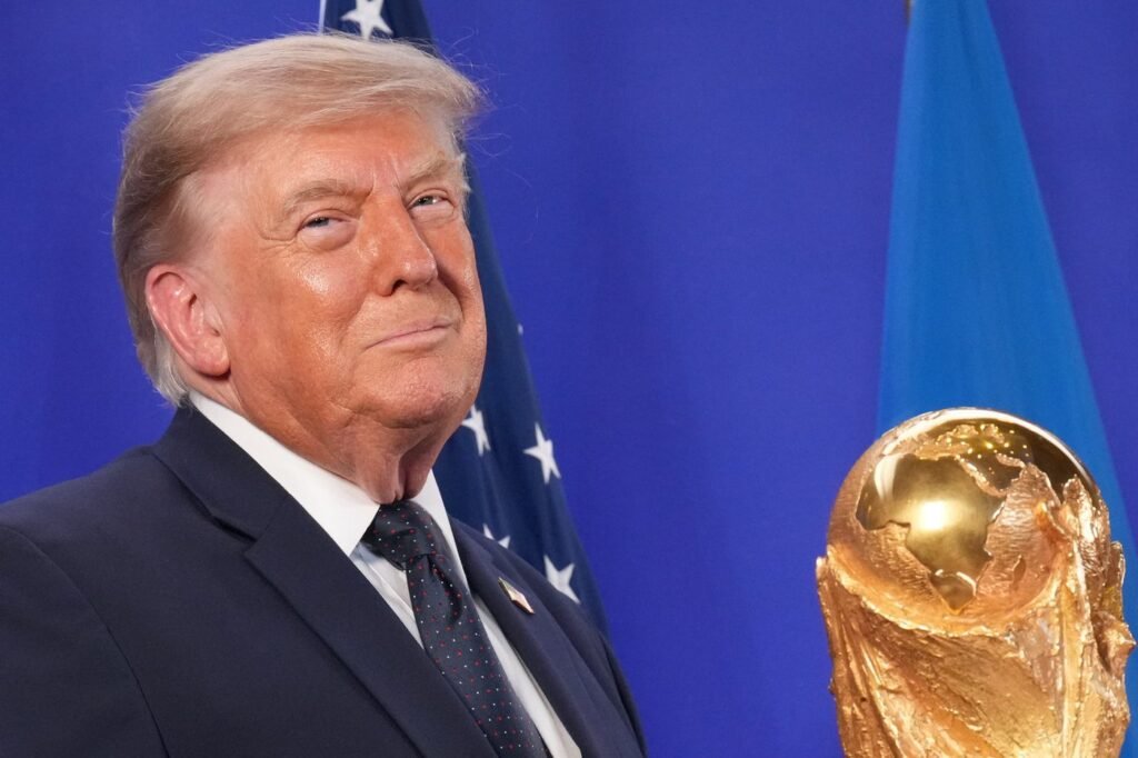 Trump celebrates the World Cup as a US victory as he prepares to present trophy to the winning team Trump celebrates the World Cup as a US victory as he prepares to present trophy to the winning team